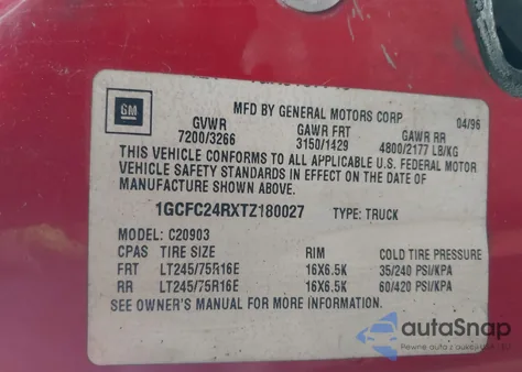 1996 Chevrolet Gmt-400 C2500 from USA, damaged, VIN 1GCFC24RXTZ180027